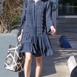 LOFT sz 14 drop waist navy dress embroider lacy flounce swing flapper